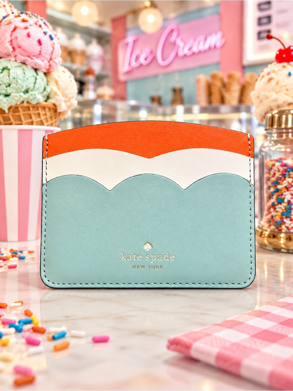 Kate Spade Gemma Small Slim Card Holder Cloud Mist Multi Colorblock Scalloped